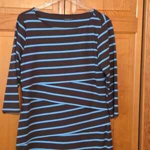 J. McLaughlin Nicola Dress Size L Catalina Cloth Brown Blue Striped‎ 3/4 Sleeve